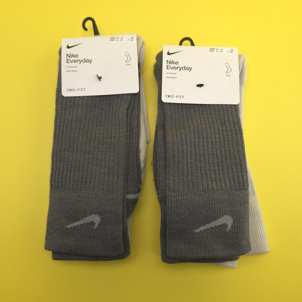 2 Pack Nike Wool Crew Socks Size Large 8-12 Mens 2 Pack Iron Grey Light Bone